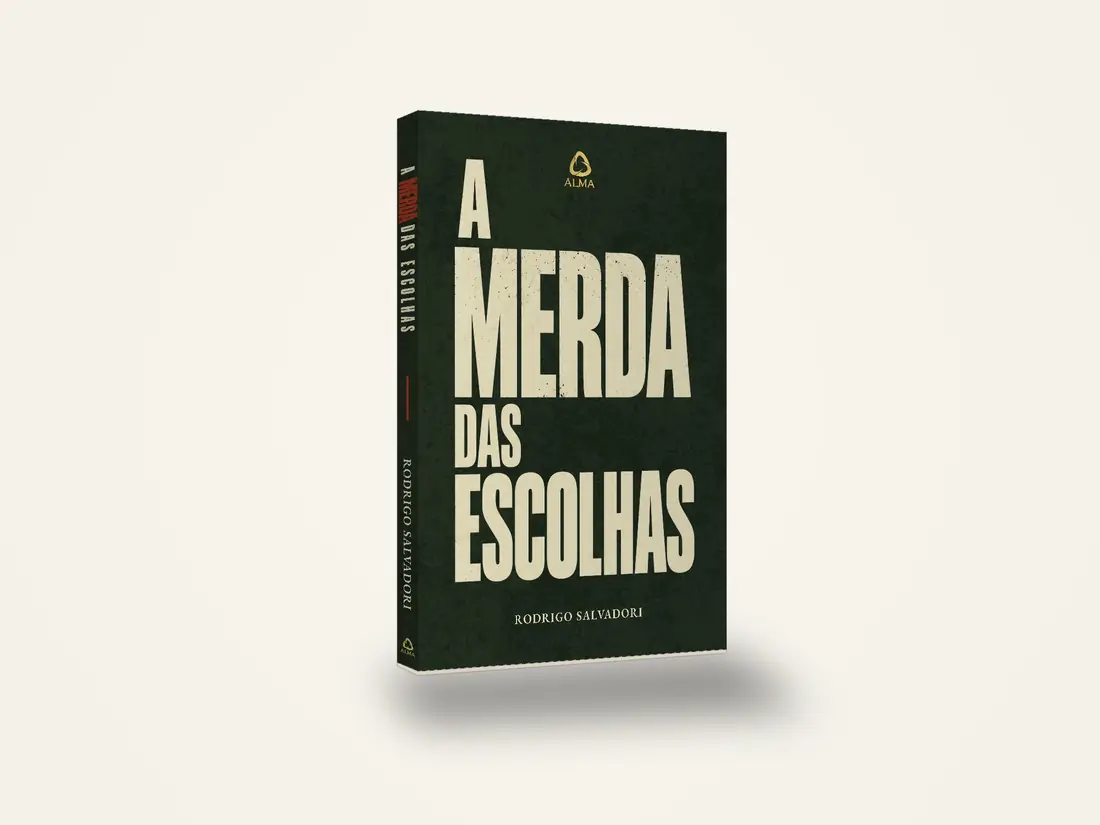 Livro A Merda das Escolhas, de Rodrigo Salvadori, com capa verde-escura e tipografia condensada