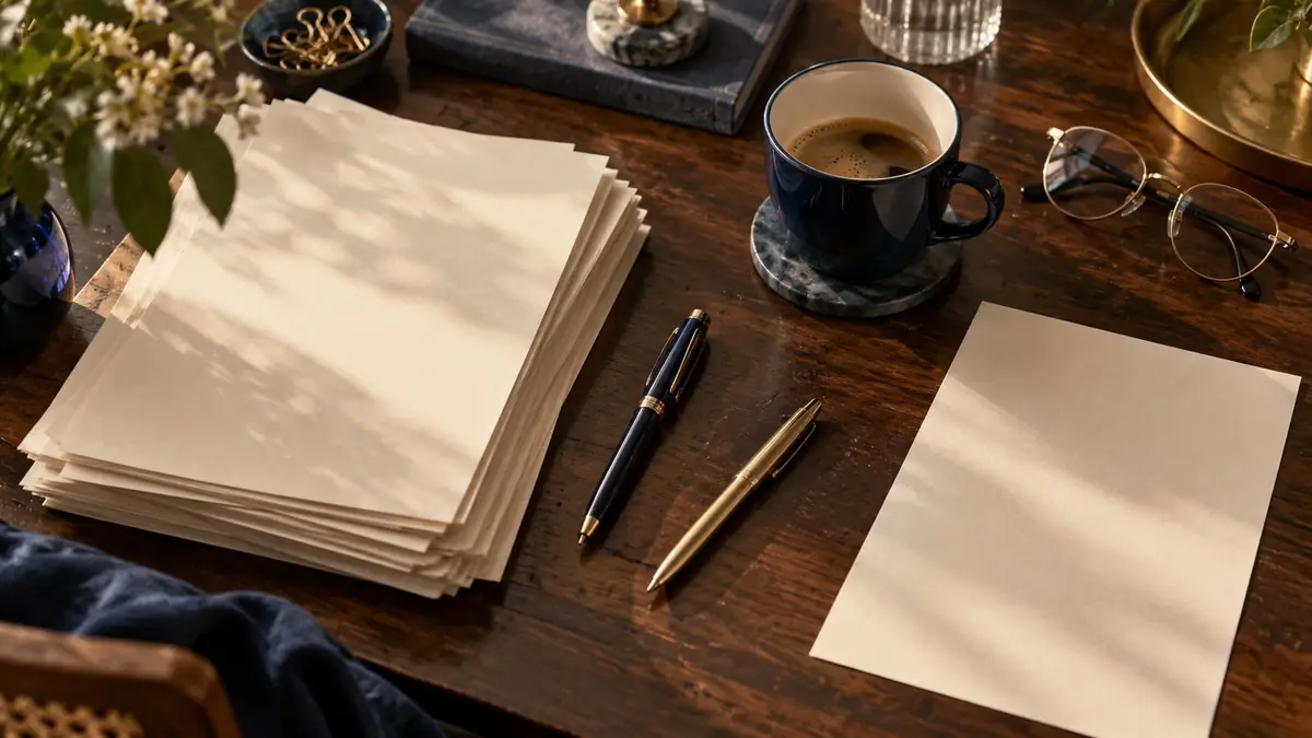 Manuscrito impresso sobre escrivaninha, com caneta, óculos e xícara de café