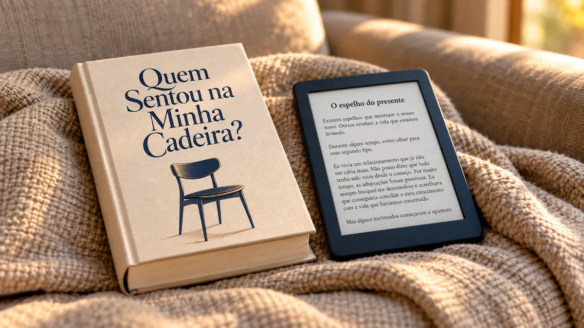 Livro impresso de capa clara ao lado de um leitor digital, sobre uma manta bege