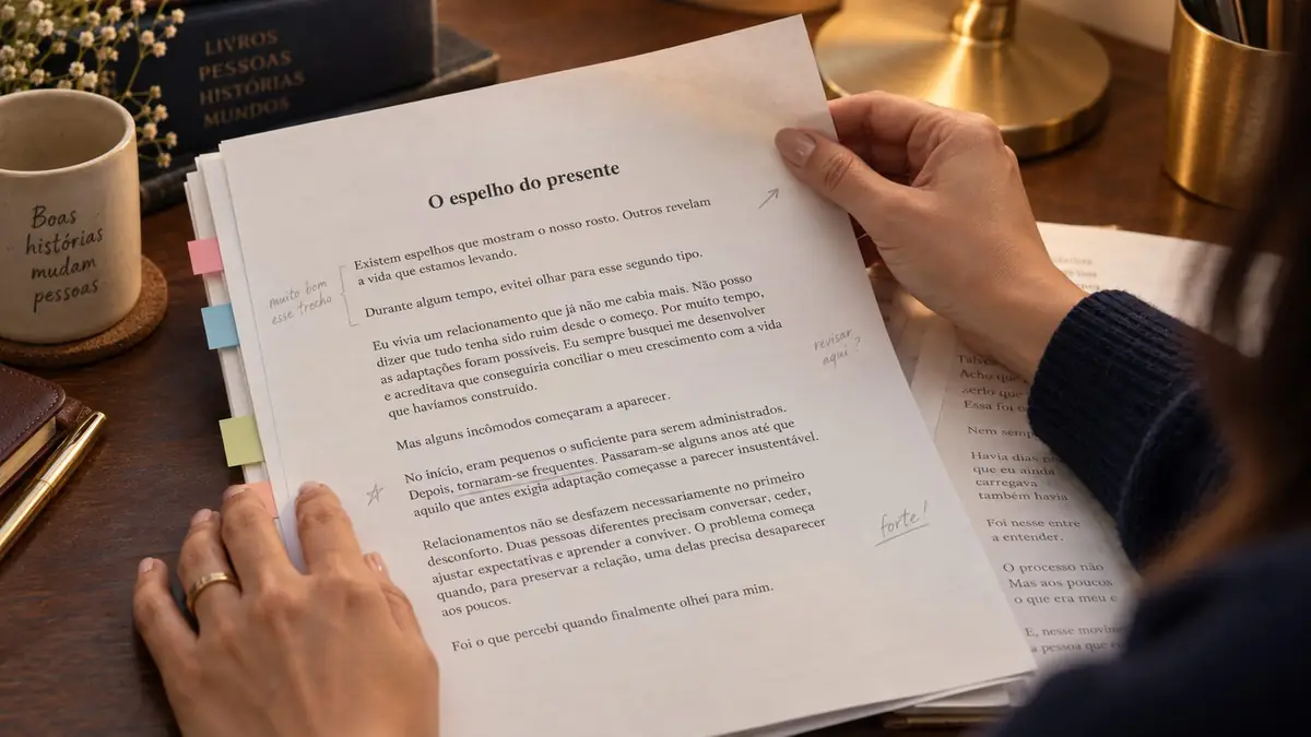 Mãos folheando um manuscrito com anotações a lápis e marcadores coloridos
