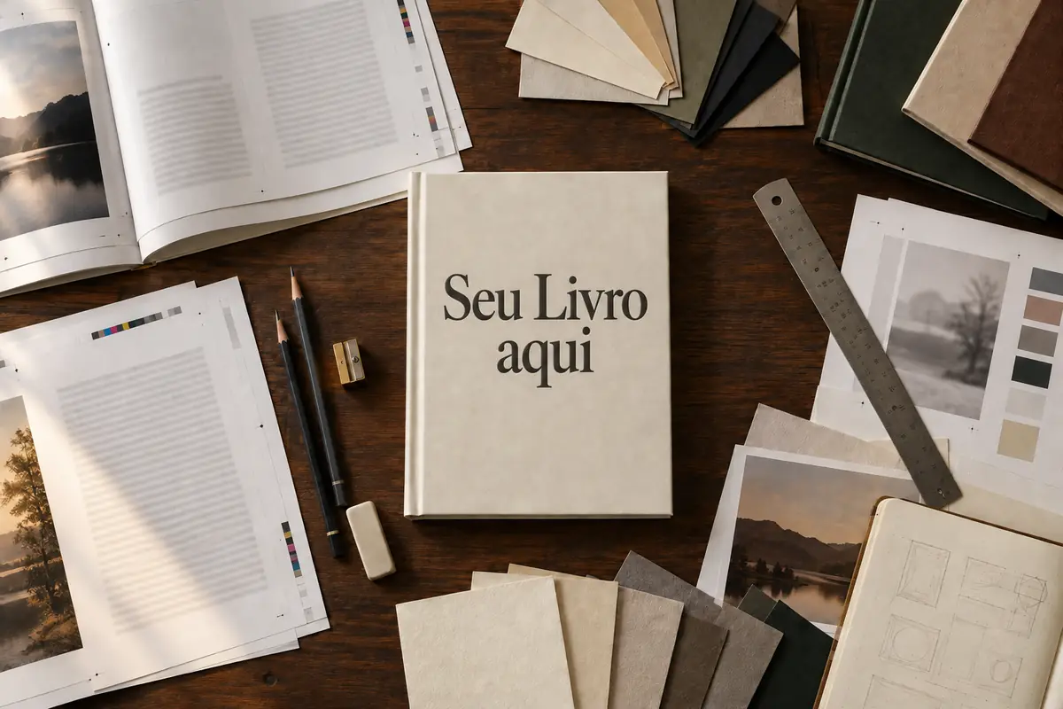 Mesa editorial com livro aberto, provas gráficas e anotações