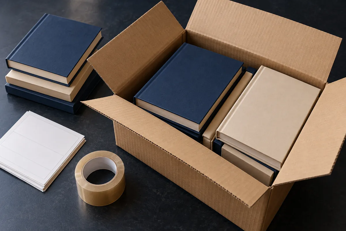 Caixa de livros sendo preparada para envio, com etiquetas e fita
