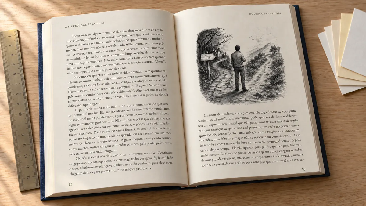 Livro impresso aberto sobre mesa de madeira, ao lado de uma régua e amostras de papel